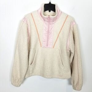 IVL Collective Women Sherpa Jacket Sz M Ivory Zip Neck Casual Athletic Pocket